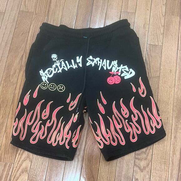 Socially Exhausted black flame smile statement shorts size small NWOT - Picture 1 of 3